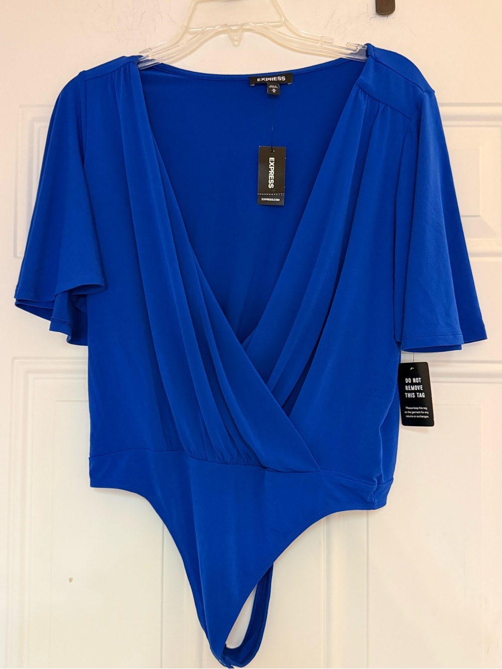 NWT Express women’s blue V-Neck flowy faux Wrap thong Bodysuit size Medium $49